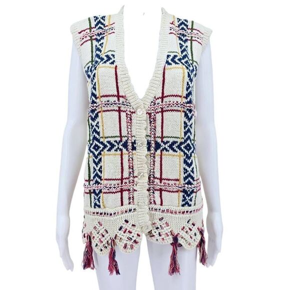 Napa Valley Sweaters - 90s Tassel Sweater Cardigan Vest White L